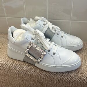 Brand New! Roger Vivier Viv' Skate Strass Buckle White Leather Sneakers EU 41
